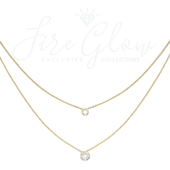 2 Tier Double Round Gems Charm Necklace Gold Tone - Picture 5 of 12